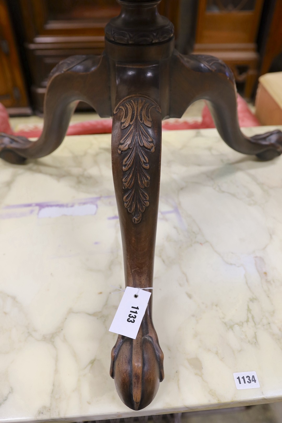 A George III and later circular mahogany piecrust tilt top tripod tea table, diameter 82cm, height 74cm